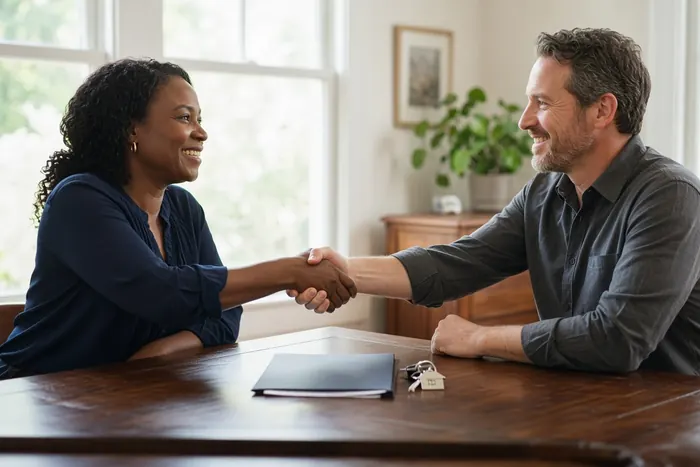 Homeowner and buyer shaking hands at closing with keys on the table