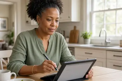 Homeowner filling out a short form on a tablet at the kitchen table