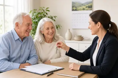 Happy homeowners receiving keys and choosing a closing date